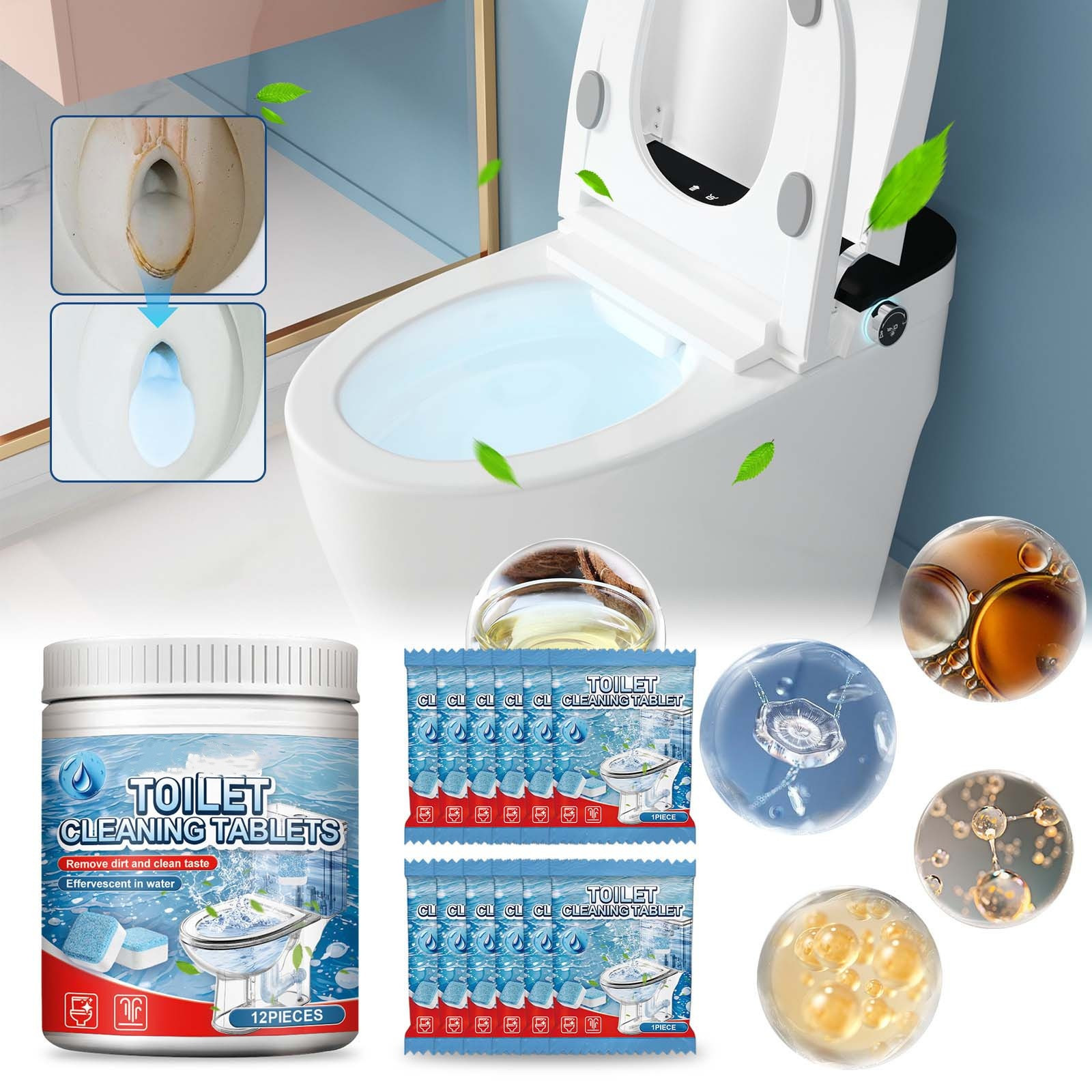 12-PCS Automatic Toilet Bowl Cleaner Tablets, Effervescent Bathroom Cleaning Tablets for Stains Odor \u0026 Scale Removal, Fresh Scent Deep Clean Fizzing Tablets for Home \u0026 Commercial Use, 12 Count